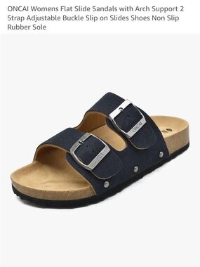 ONCAI Women’s Navy Double Buckle Slide Sandals with Arch Support